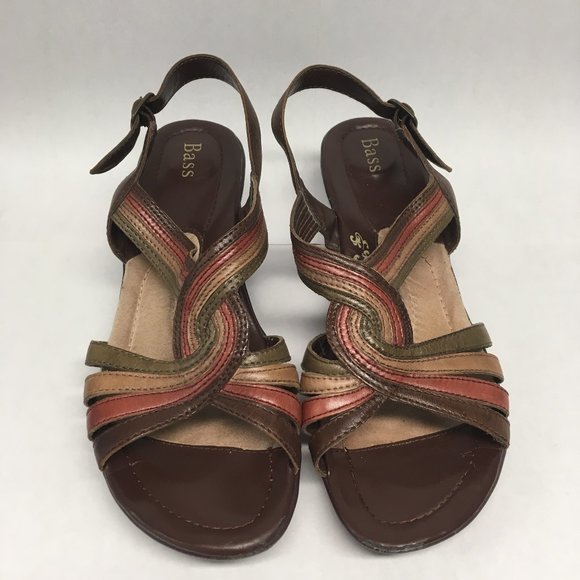 Bass Juliana 9M Leather Strappy Medium Wedge Brown Rust Green Tan EUC - Picture 1 of 7